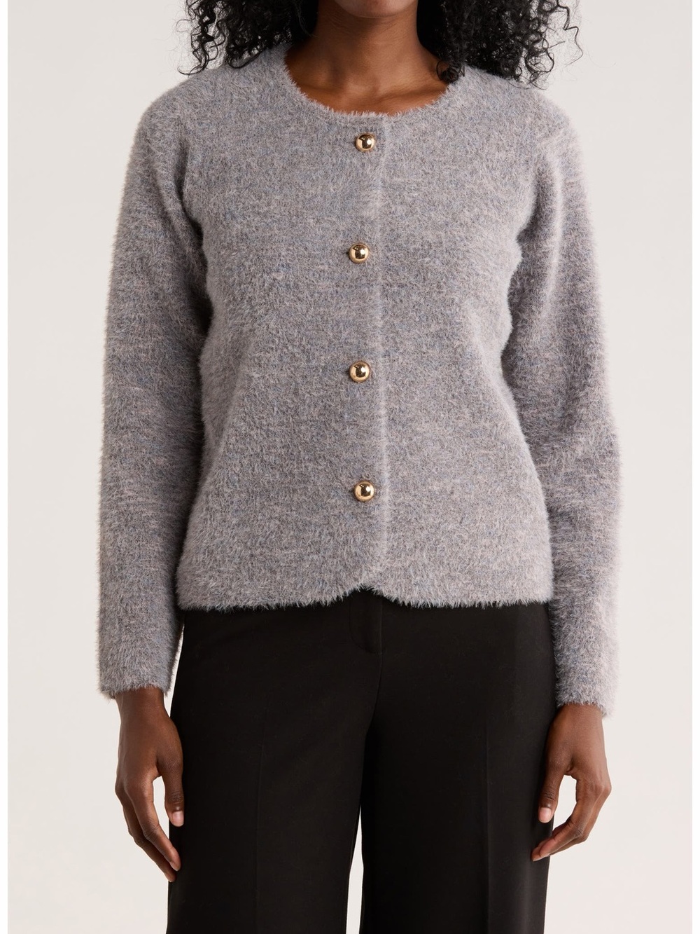 NWT - Tahari Grey Fuzzy Button-Front Cardigan